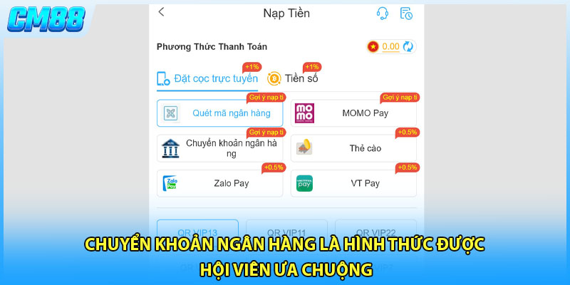 Chuyển khoản ngân hàng là hình thức được hội viên ưa chuộng